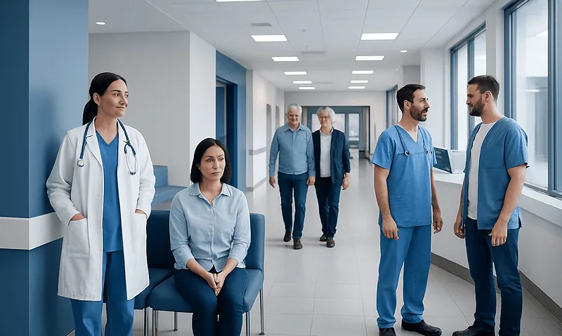 Medical team and patients in a modern hospital corridor.