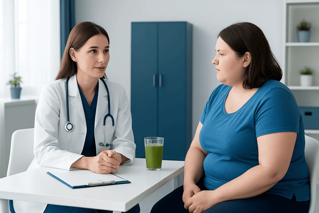 Doctor consulting a patient about weight management in a clinical setting.