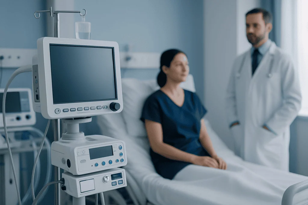 Hospital patient in bed with medical monitor and doctor in background.