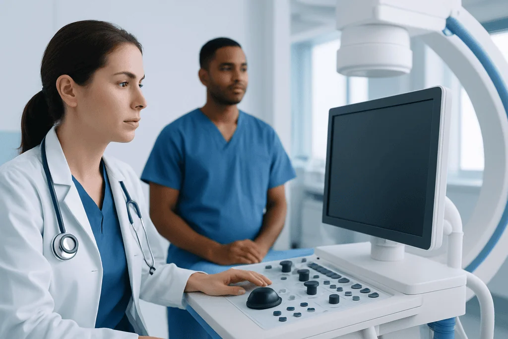 Medical professionals operating ultrasound equipment in a hospital setting.