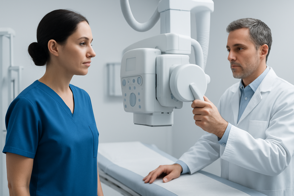 Medical professionals using X-ray machine in hospital setting.