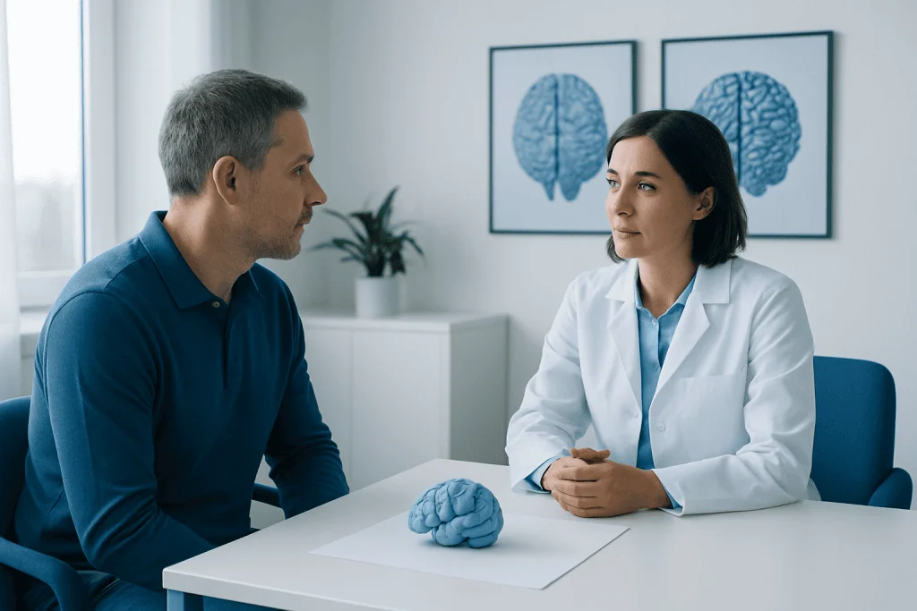 Doctor discussing neurological health with patient in clinic.