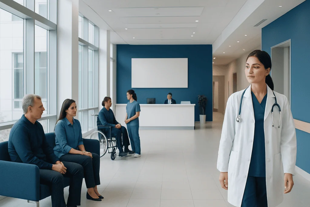 How to Recognize a Reliable Hospital in Turkey for Medical Travel 1 Medical consultation in a modern hospital waiting area with healthcare professionals and patients.