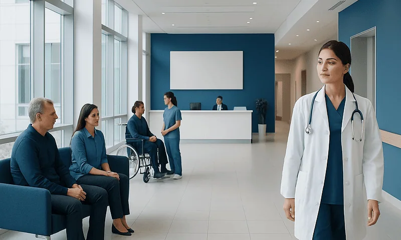 Medical consultation in a modern hospital waiting area with healthcare professionals and patients.