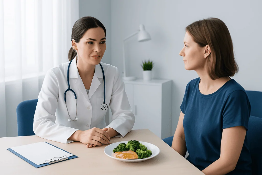 Doctor consulting patient about low carb diet options at clinic.