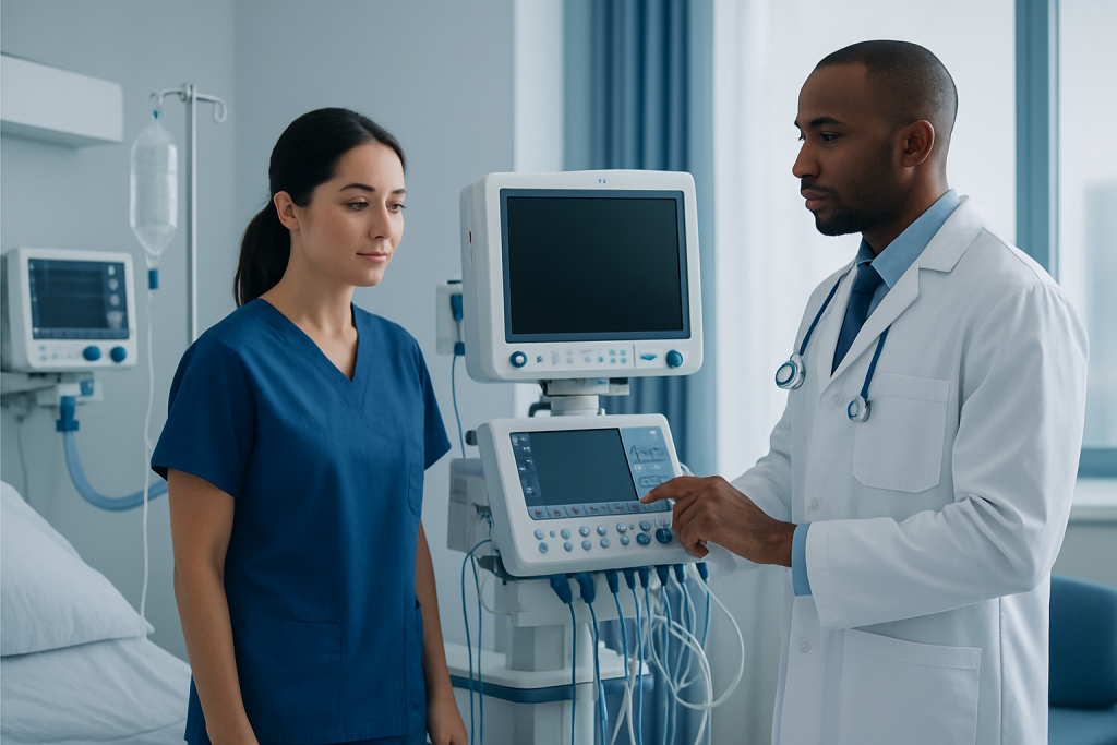 Medical professionals discussing patient care in hospital room.