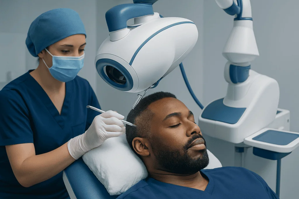 Medical professional performs hair transplant on male patient in clinic.