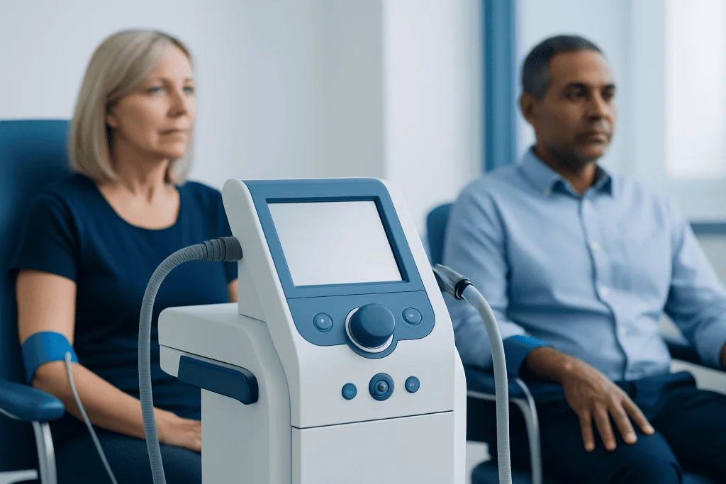 Medical consultation with a diagnostic device in a hospital setting.