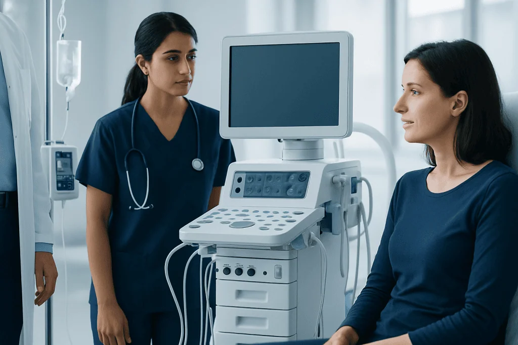 Medical professionals using ultrasound equipment in a hospital setting.