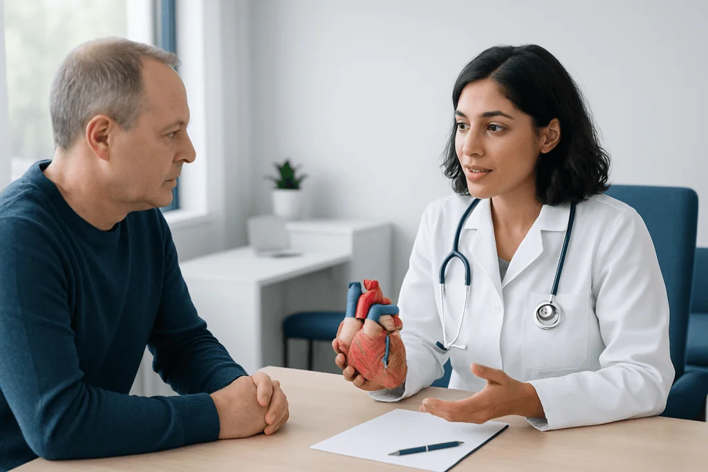 Doctor explaining heart health to patient with model of heart.