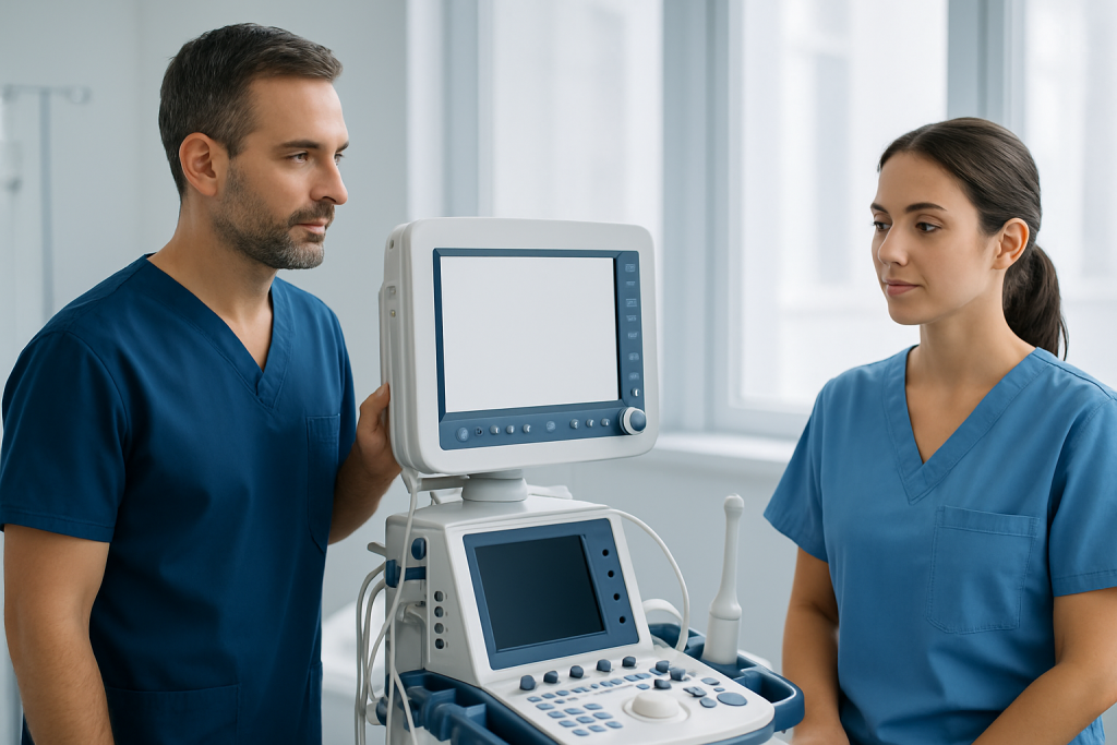 Medical professionals using ultrasound equipment in a hospital setting.