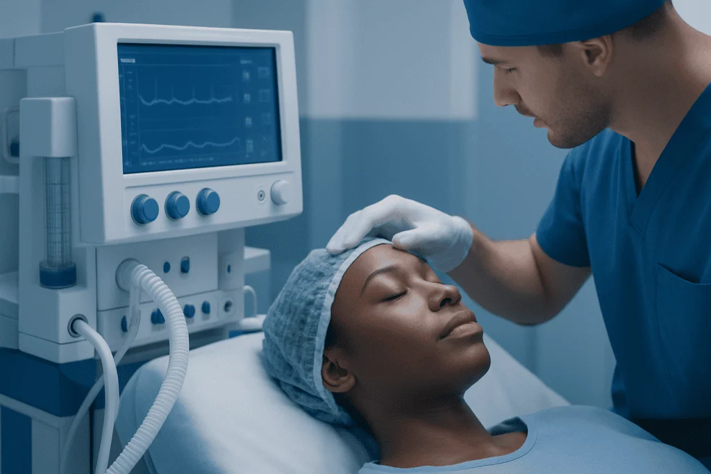 Medical professional examining a patient in a hospital setting.