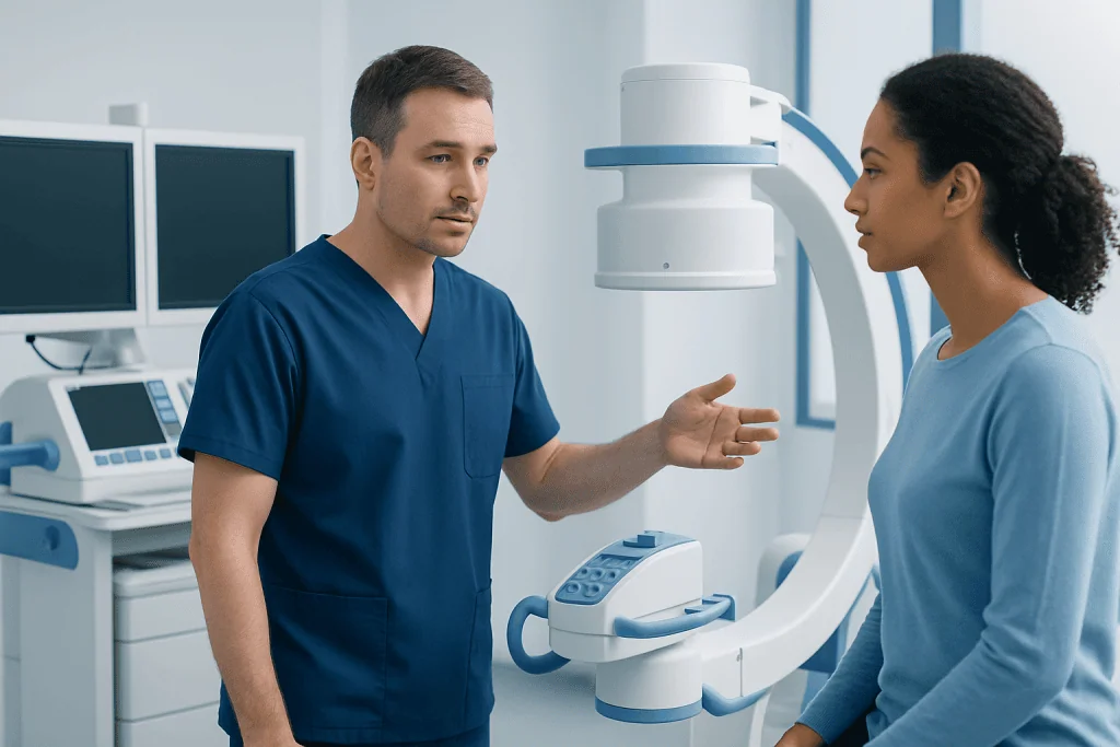 Doctor explaining medical procedure to patient in hospital setting.