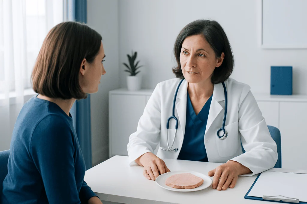 Doctor consulting with patient about health in a medical office.