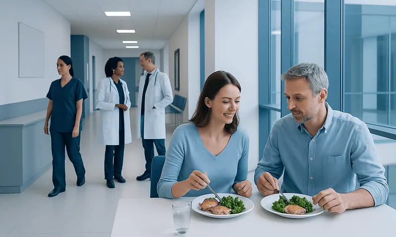 Patients enjoying a healthy meal in a hospital cafeteria at Acibadem Hospitals Group.