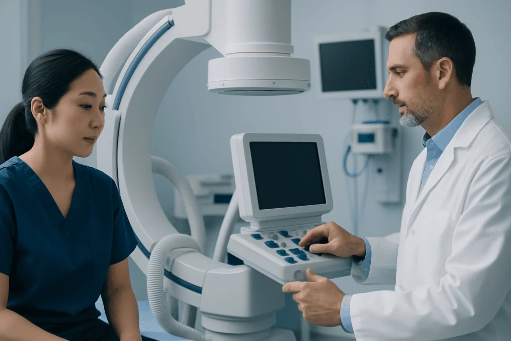 Medical professionals using ultrasound equipment in a hospital setting.
