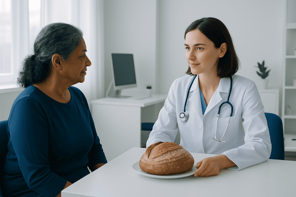 Doctor discussing bread and health with patient in clinic setting.