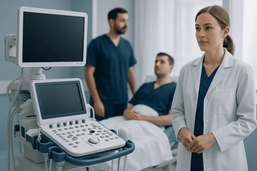 Medical professionals in a hospital room with ultrasound equipment and a patient bed.
