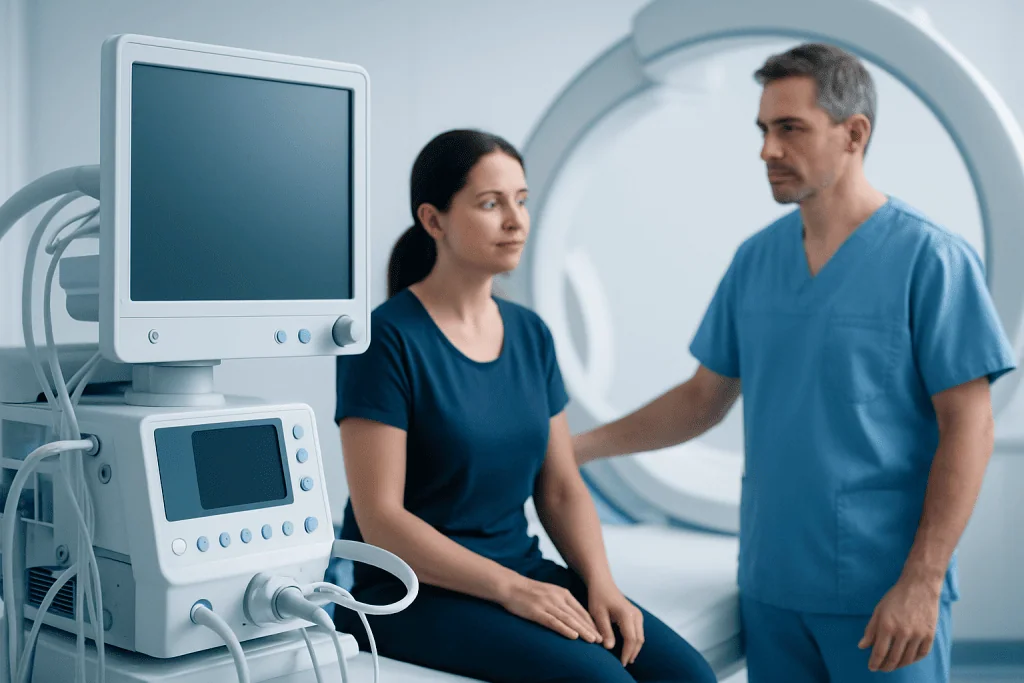Medical professionals preparing for a patient scan in a hospital setting.