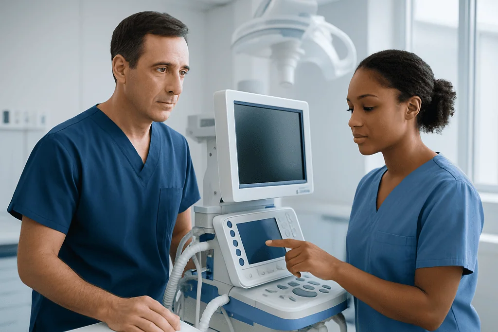 Medical professionals using ultrasound equipment in a hospital setting.