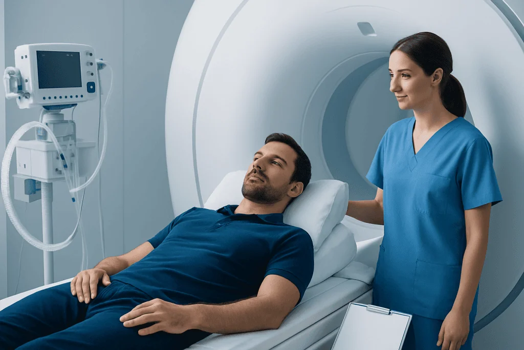 Patient undergoing MRI scan at Acibadem Hospital in Turkey.