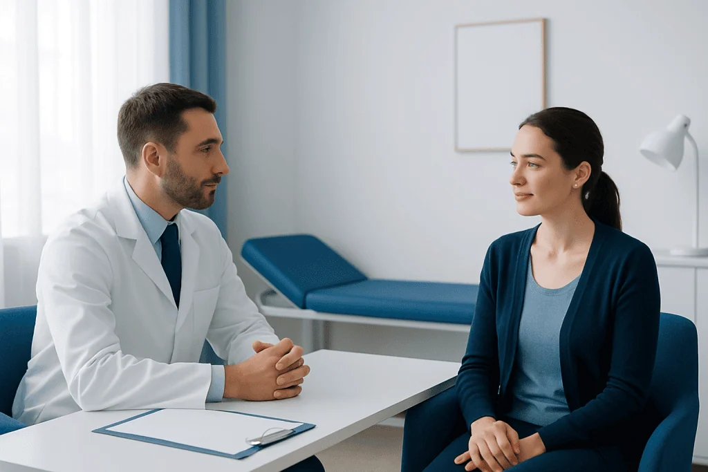 Doctor consulting with a female patient in a modern clinic room.