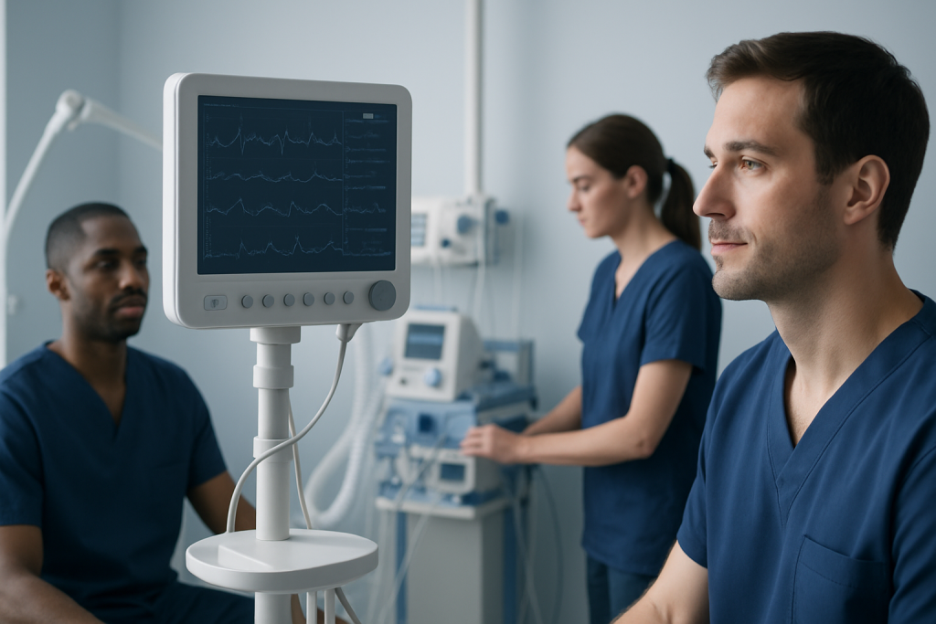 Medical professionals monitoring patient heart activity in hospital.