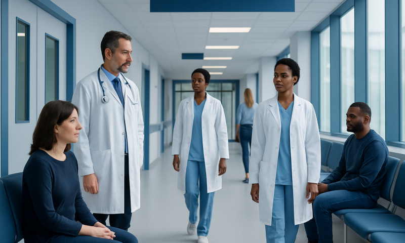 Medical team consulting patient in hospital corridor.