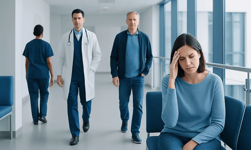 Young woman with headache in hospital corridor, medical staff in background.