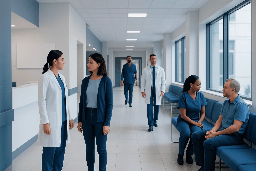 Managed Care: A Complete Medical Overview 1 Healthcare professionals and patients in a modern hospital corridor.