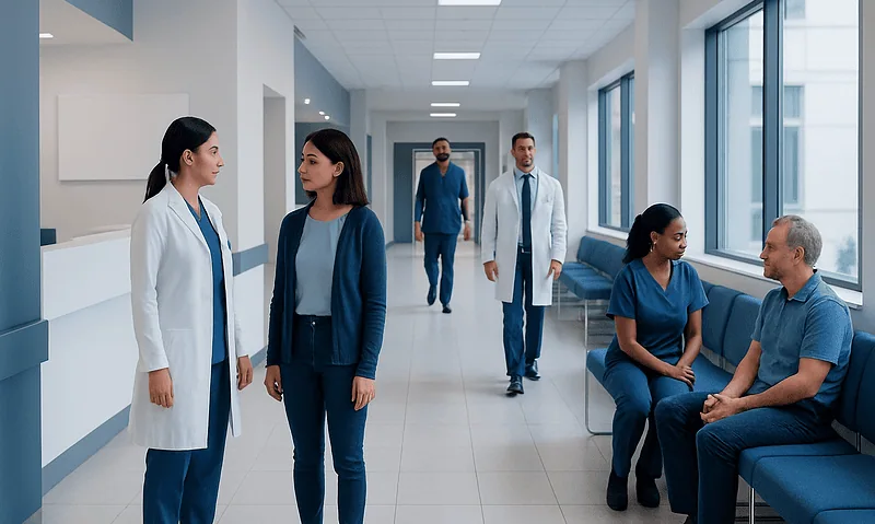 Healthcare professionals and patients in a modern hospital corridor.