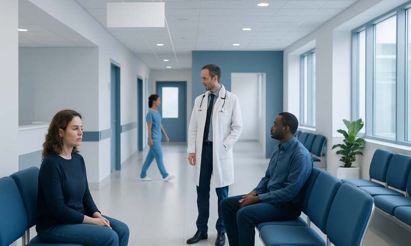 Doctor consulting with two patients in a hospital corridor.