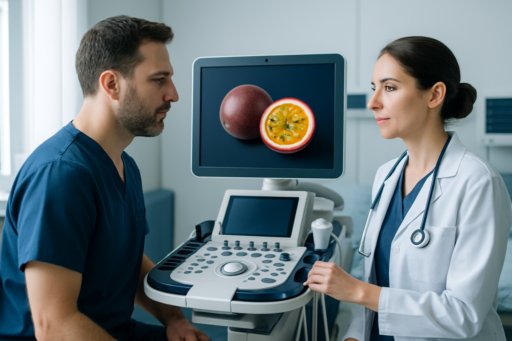 Medical professionals examining a Maracuja fruit on ultrasound monitor.