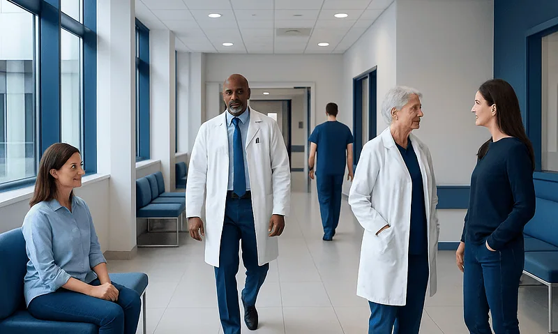Medical staff and patients in a hospital corridor at Acibadem Hospitals Group.