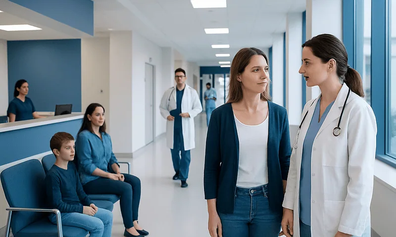 Healthcare professionals and patients in a modern hospital corridor.