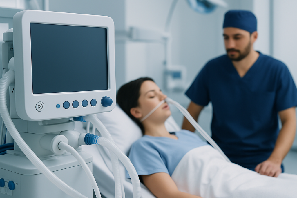 Hospital patient on ventilator with medical staff nearby.