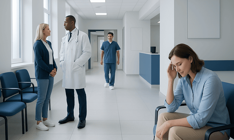 Patient experiencing dizziness in hospital waiting area with medical staff nearby.
