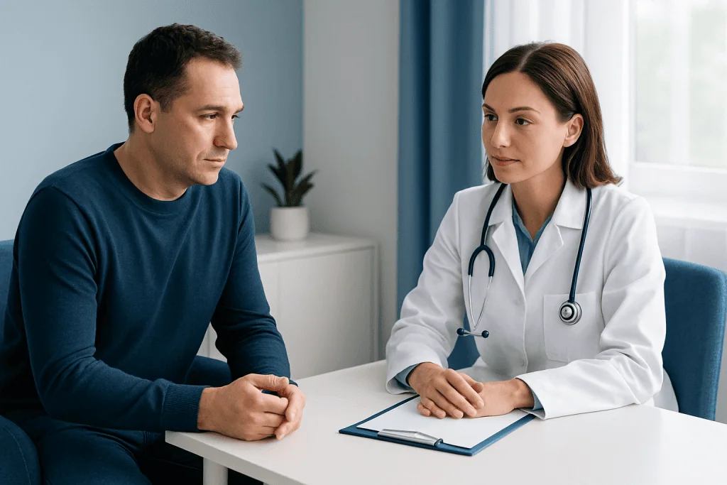 Doctor consulting with a patient in a medical office setting.