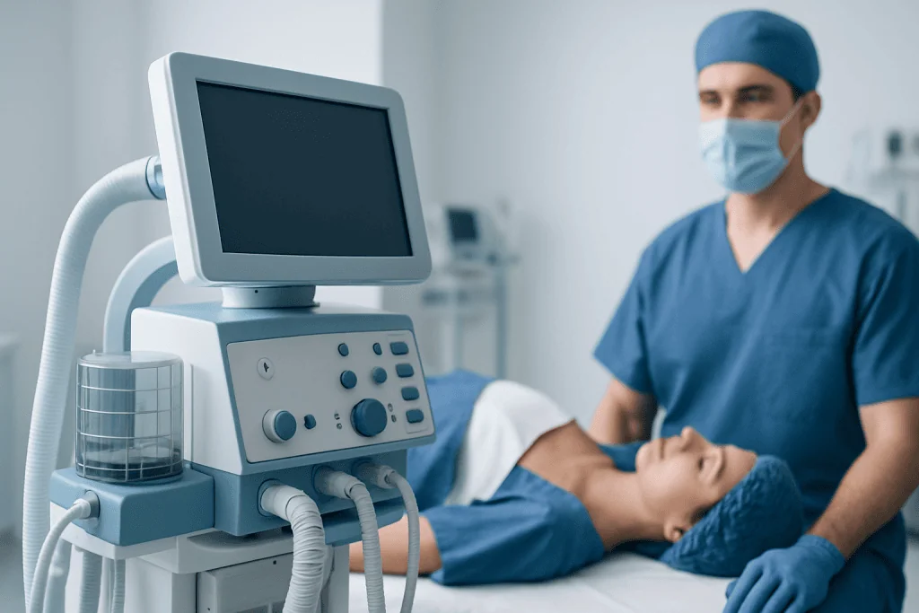 Medical professional performing a cosmetic procedure with advanced equipment.