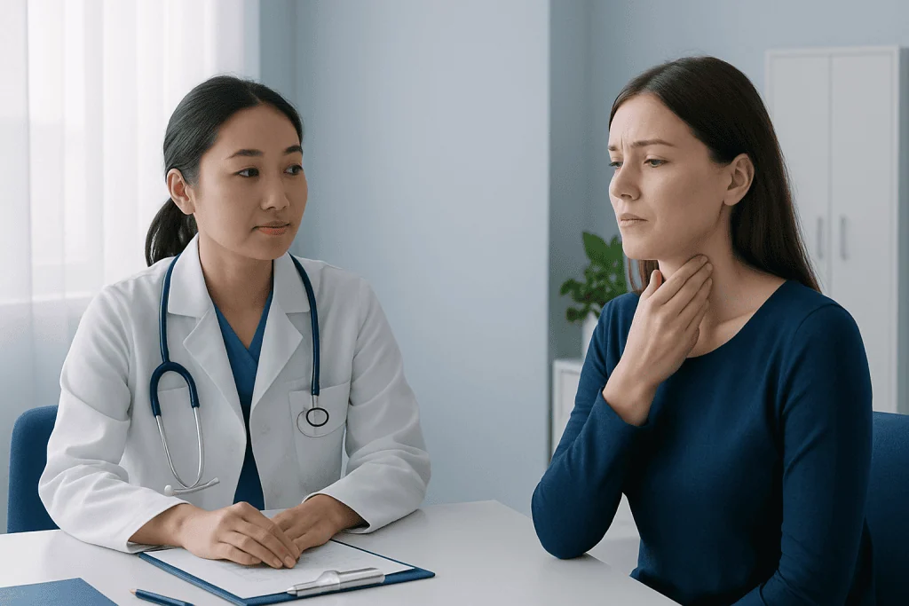 Doctor consulting with a patient about sore throat symptoms at a hospital.