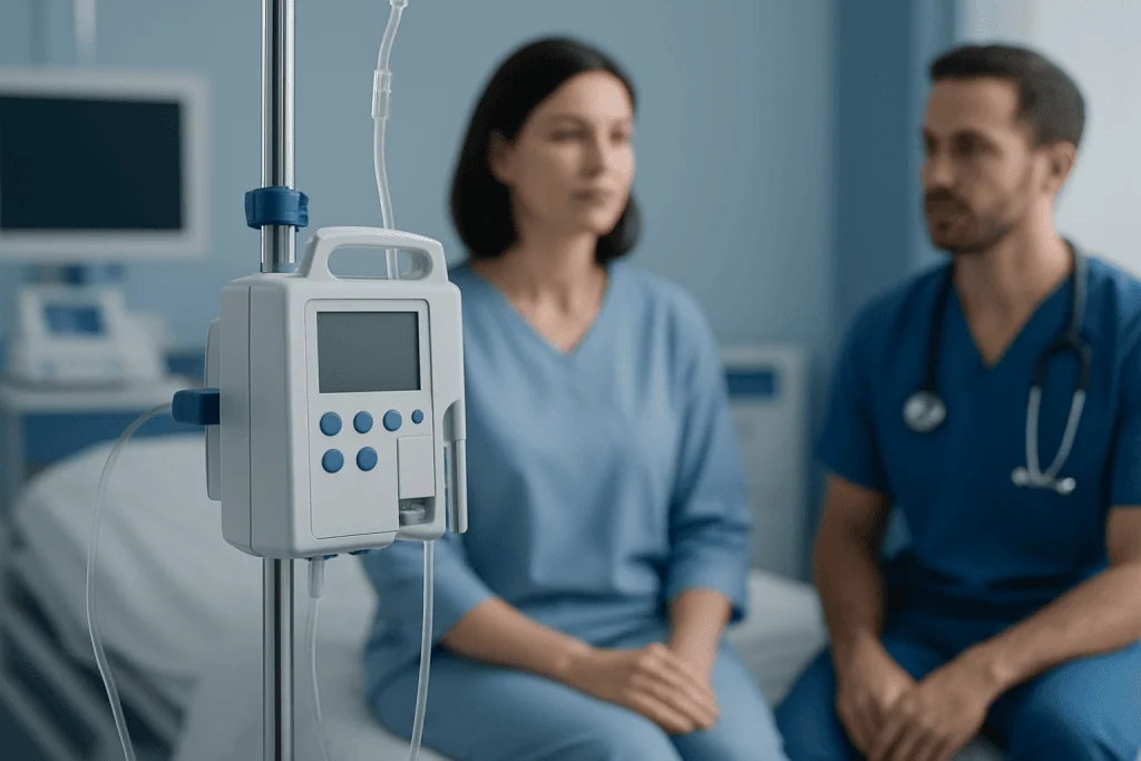 Hospital room with IV drip and medical staff attending a patient.