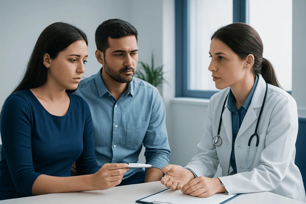 Doctor explaining fertility test results to a couple in a clinic setting.