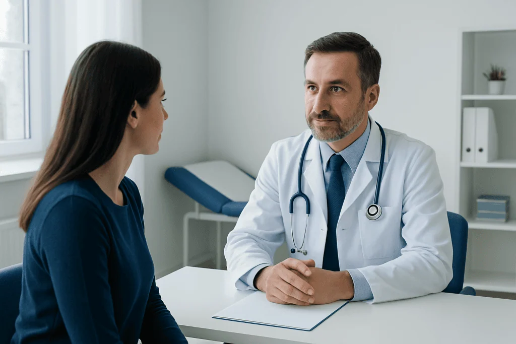 Doctor consulting with a female patient in a modern clinic.