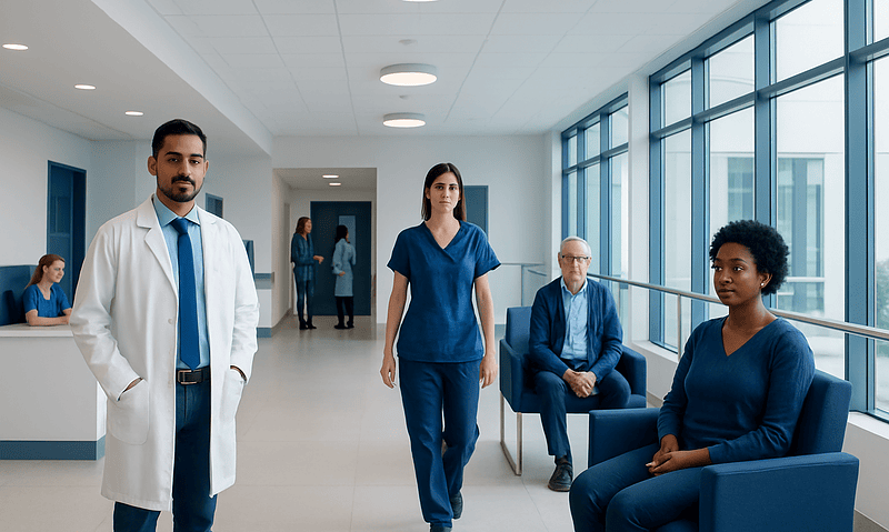 Medical professionals and patients in a modern hospital corridor.