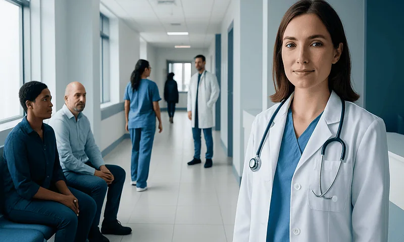 Healthcare professionals and patients in a hospital corridor at Acibadem Hospitals Group.