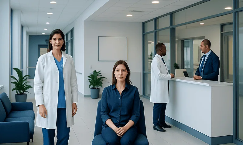 Medical professionals in a modern hospital reception area.