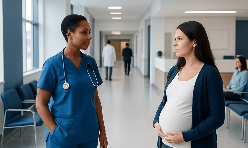Meconium: A Complete Medical Overview 6 Pregnant woman talking to a healthcare professional in hospital corridor.