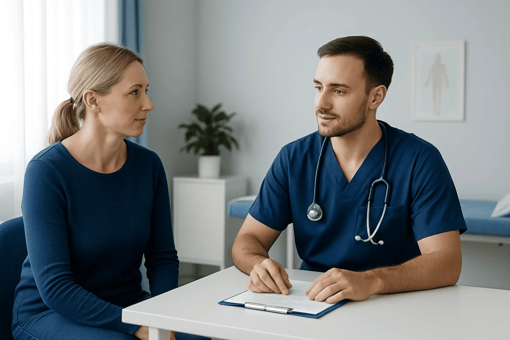 Doctor consulting with a female patient in a medical office.