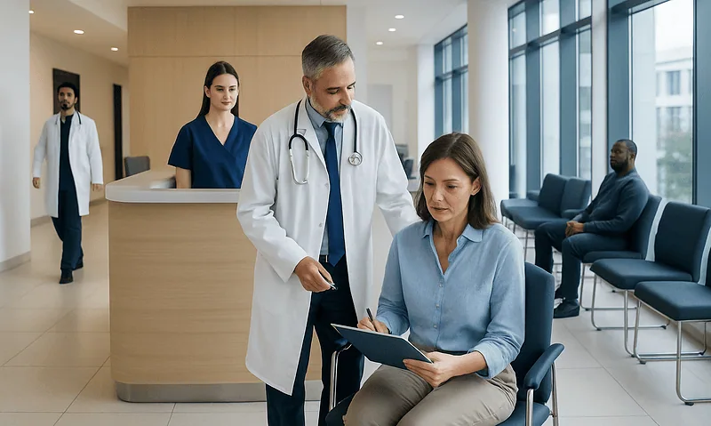 Doctor discussing medical consent with patient in hospital lobby.