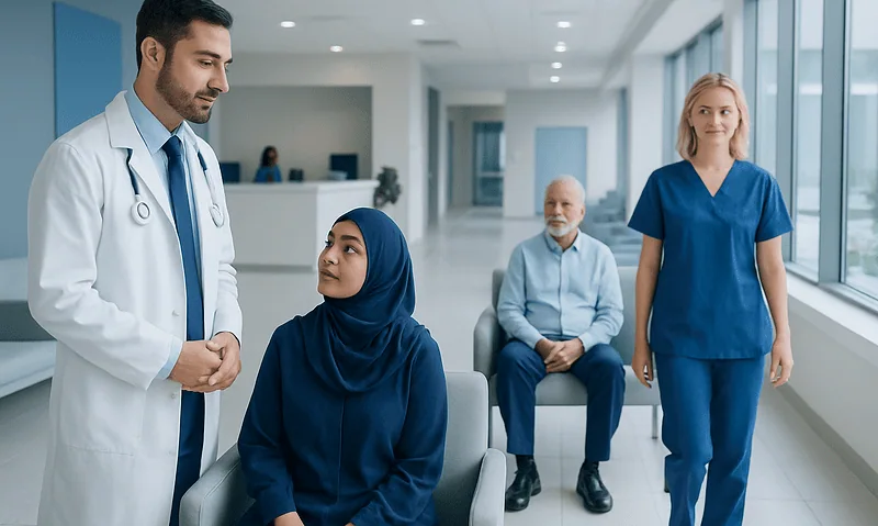 Medical Consent in Turkey: What International Patients Are Agreeing To 4 Doctor consulting with diverse patients in hospital corridor.